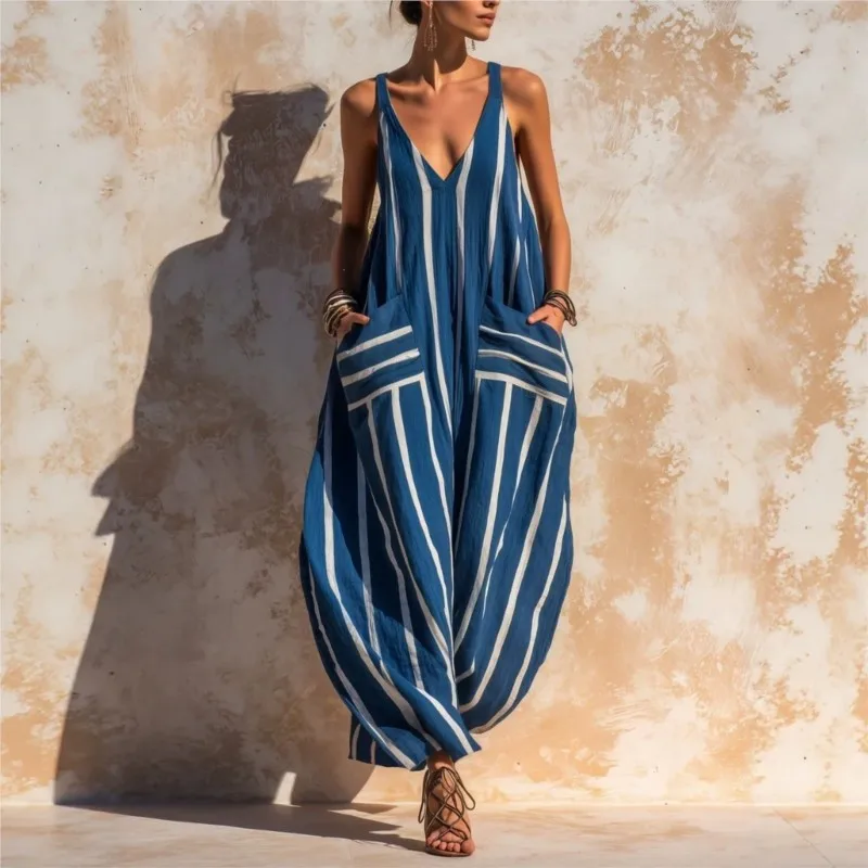 Simple Style Color Blocked Striped Printed Loose Jumpsuit Woman's Summer Sexy V-neck Sleeveless Sling Jumpsuits Lady Chic Romper
Simple Style Color Blocked Striped Printed Loose Jumpsuit Woman's Summer Sexy V-neck Sleeveless Sling Jumpsuits Lady Chic Romper