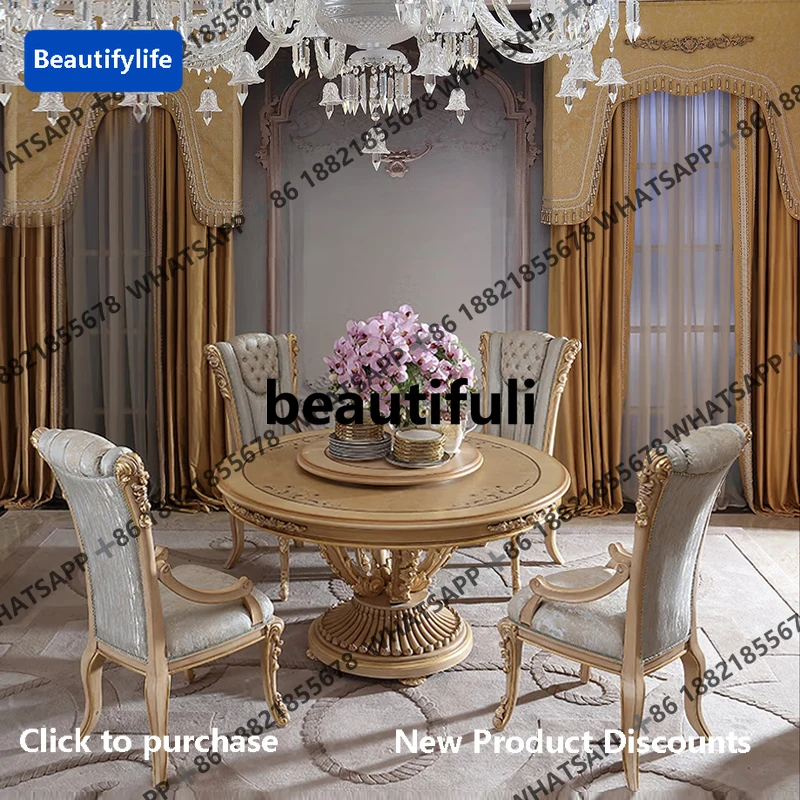D183 French solid wood carving flower round dining table luxury restaurant high-end dining table chairs eating table
D183 French solid wood carving flower round dining table luxury restaurant high-end dining table chairs eating table
