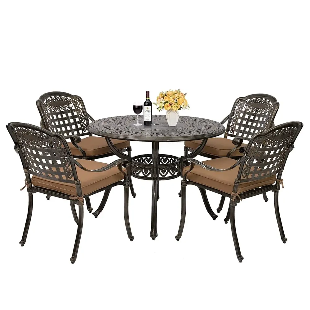 5 Pieces Outdoor Furniture Dining Set, All-Weather Cast Aluminum Round Patio Table With Umbrella Hole And 4 Cushioned Dining
5 Pieces Outdoor Furniture Dining Set, All-Weather Cast Aluminum Round Patio Table With Umbrella Hole And 4 Cushioned Dining