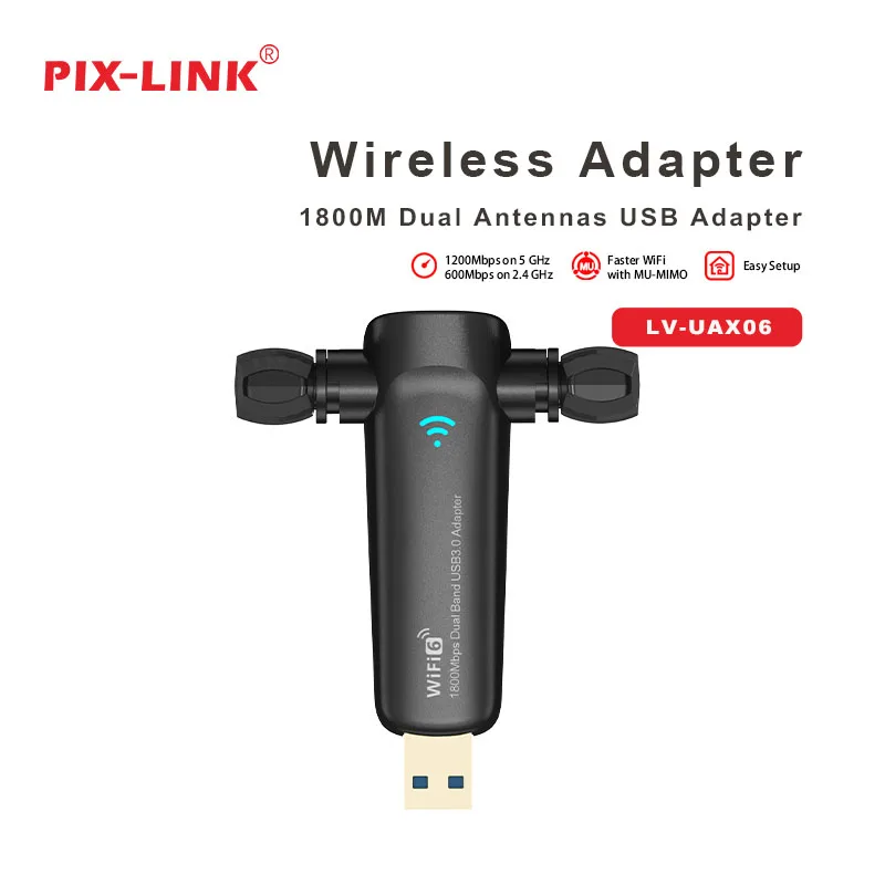 UAX06 1800Mbps USB WiFi 6 Adapter Wireless Network Card Dual Band 2.4G/5G Dual Antennas MU-MIMO USB 3.0 Free Driver
UAX06 1800Mbps USB WiFi 6 Adapter Wireless Network Card Dual Band 2.4G/5G Dual Antennas MU-MIMO USB 3.0 Free Driver