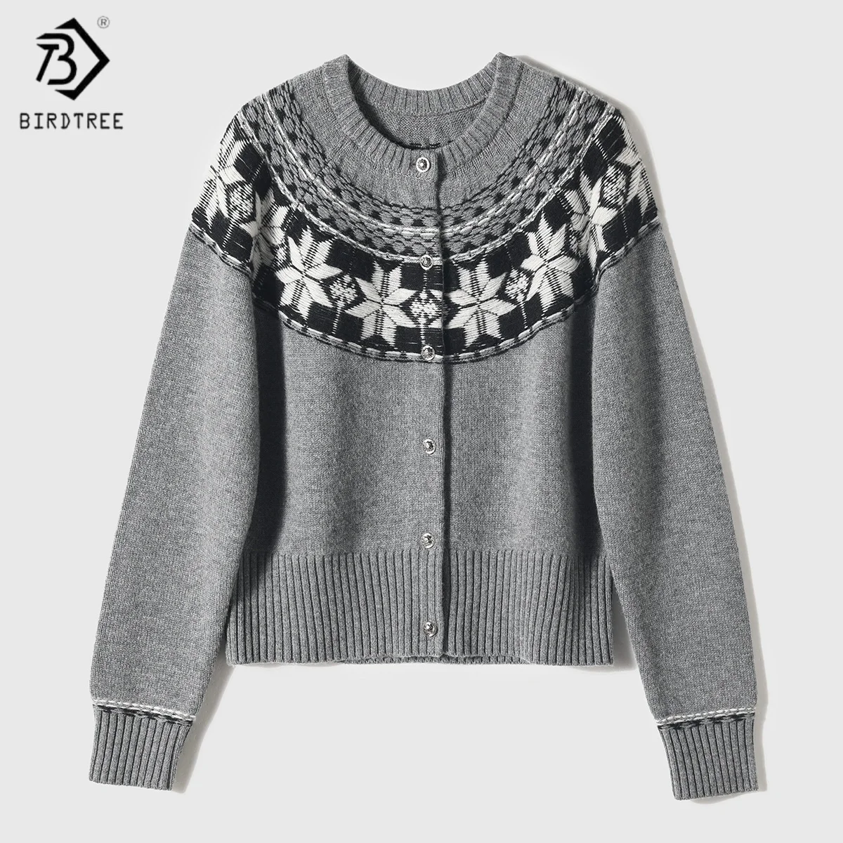 Birdtree,90% Pure Wool 10% Cashmere Knitted Cardigan,Women Jacquard Tops,O-neck,Single Breasted,2025 Autumn Winter Coat T5D125JF
Birdtree,90% Pure Wool 10% Cashmere Knitted Cardigan,Women Jacquard Tops,O-neck,Single Breasted,2025 Autumn Winter Coat T5D125JF