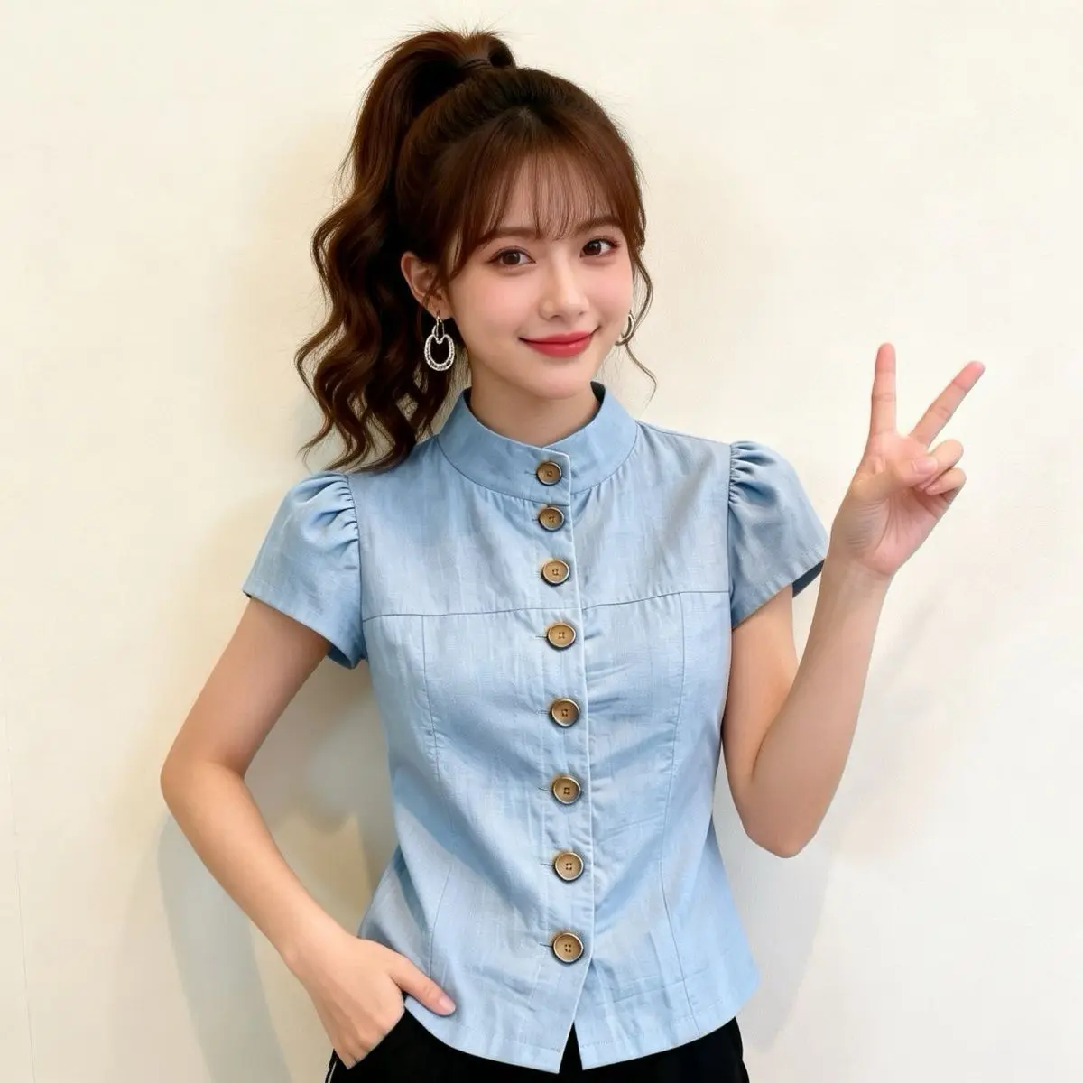 Slimming Vintage Style Stand Collar Short Sleeve Single Button Women's Shirt Waist Cinching Bubble Sleeve Top Summer New Arrival
Slimming Vintage Style Stand Collar Short Sleeve Single Button Women's Shirt Waist Cinching Bubble Sleeve Top Summer New Arrival