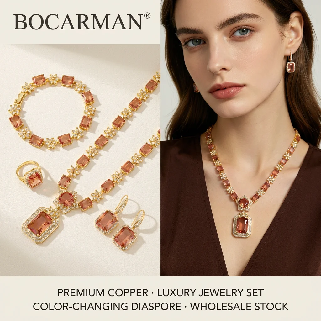 BOCARMAN Synthetic Color changing diaspore Rectangular ring earrings bracelet necklace jewelry set, different lighting
BOCARMAN Synthetic Color changing diaspore Rectangular ring earrings bracelet necklace jewelry set, different lighting