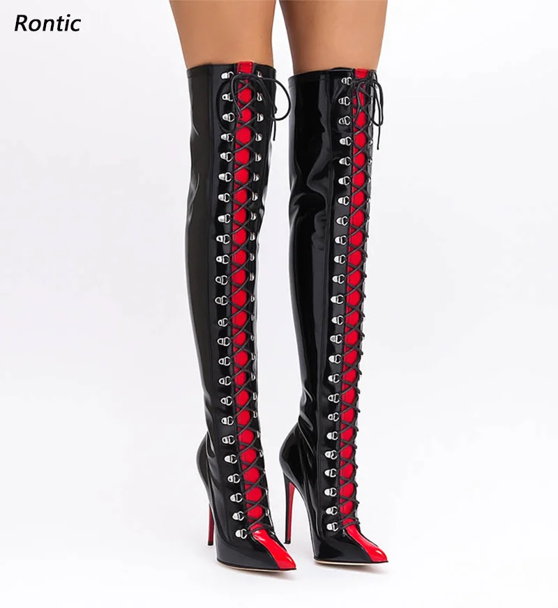 Rontic Custom Crafted Blue Thigh High Boots Stiletto Heel Design Red Detail Laces Pointed Toe Patent Leather Artisan Size 5-15
Rontic Custom Crafted Blue Thigh High Boots Stiletto Heel Design Red Detail Laces Pointed Toe Patent Leather Artisan Size 5-15