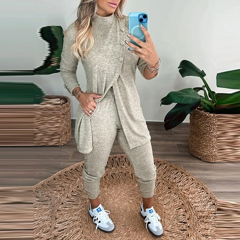 Solid Turtleneck Long Sleeve Slit Top&Pocket Pant Set Women Casual Pullover+Bodycon Long Pant 2pc Set Autumn Design Button Sets
Solid Turtleneck Long Sleeve Slit Top&Pocket Pant Set Women Casual Pullover+Bodycon Long Pant 2pc Set Autumn Design Button Sets