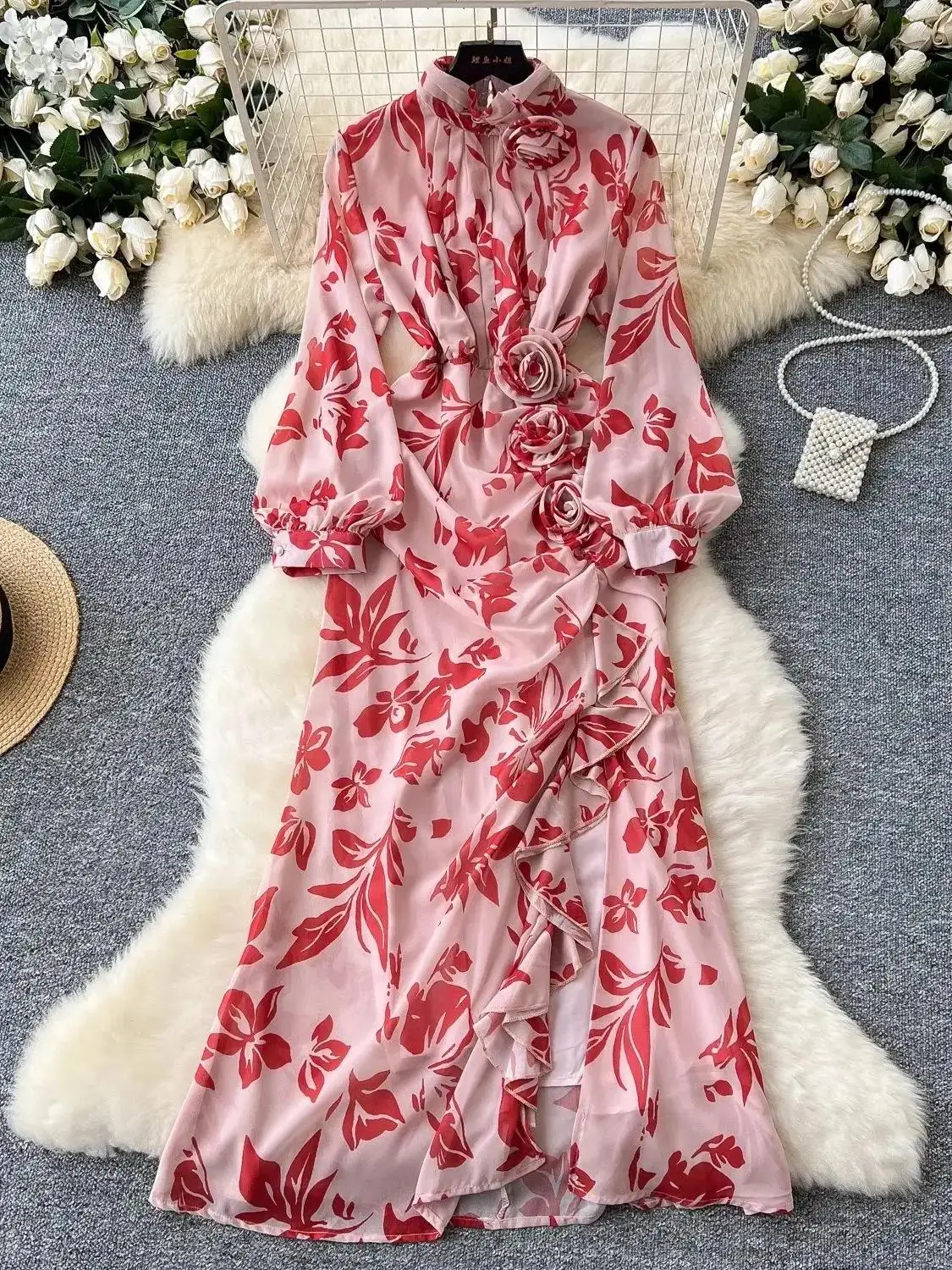 Women Long Sleeve Stand Collar Chiffon Folds Ruffles Sexy Split Mermaid Dress Autumn French Rose Flower Evening Party Vestidos
Women Long Sleeve Stand Collar Chiffon Folds Ruffles Sexy Split Mermaid Dress Autumn French Rose Flower Evening Party Vestidos