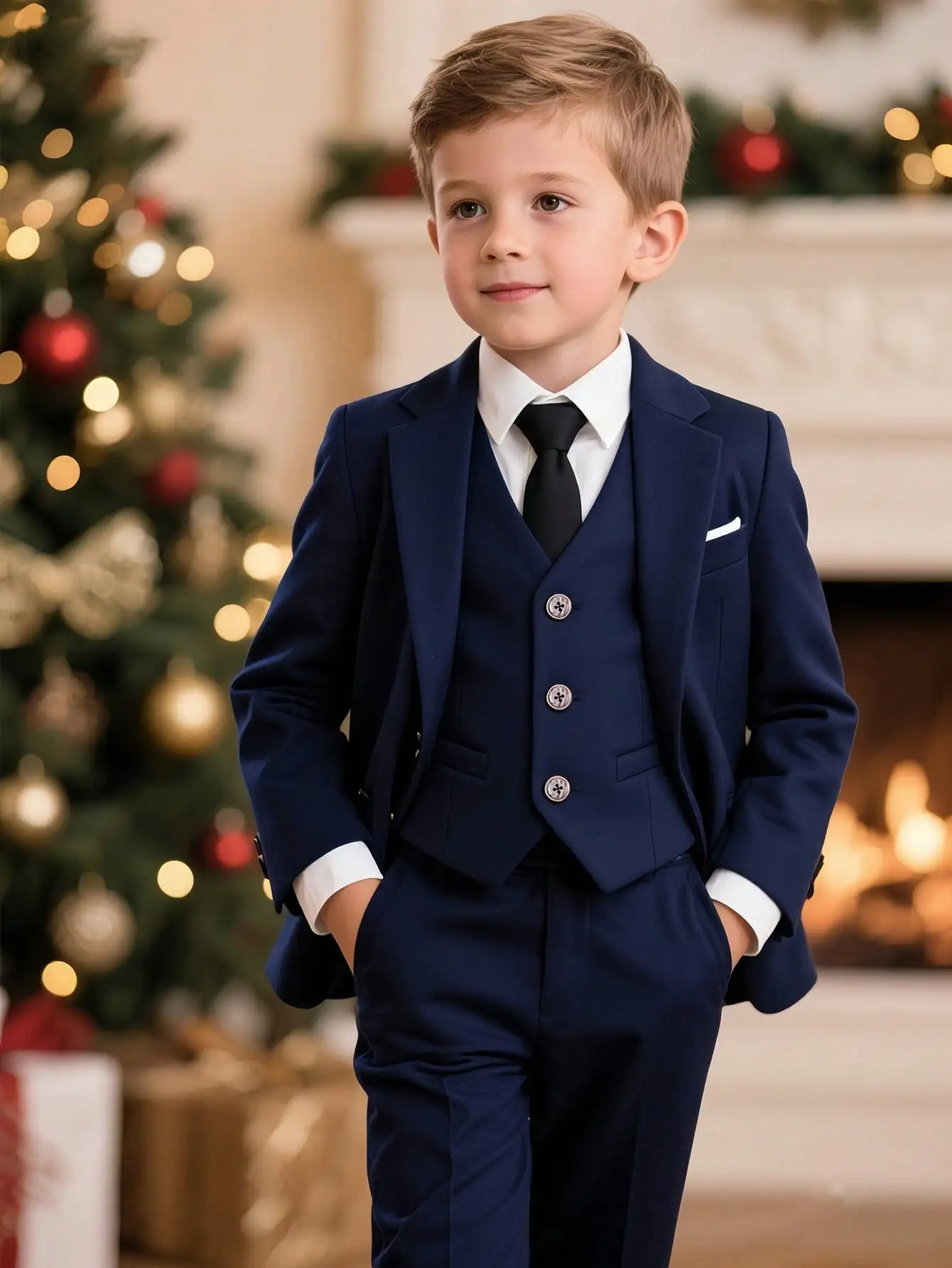 Navy Blue 4-Piece Formal Suit Set for Boys: Blazer, Vest, Pants & Tie
Navy Blue 4-Piece Formal Suit Set for Boys: Blazer, Vest, Pants & Tie