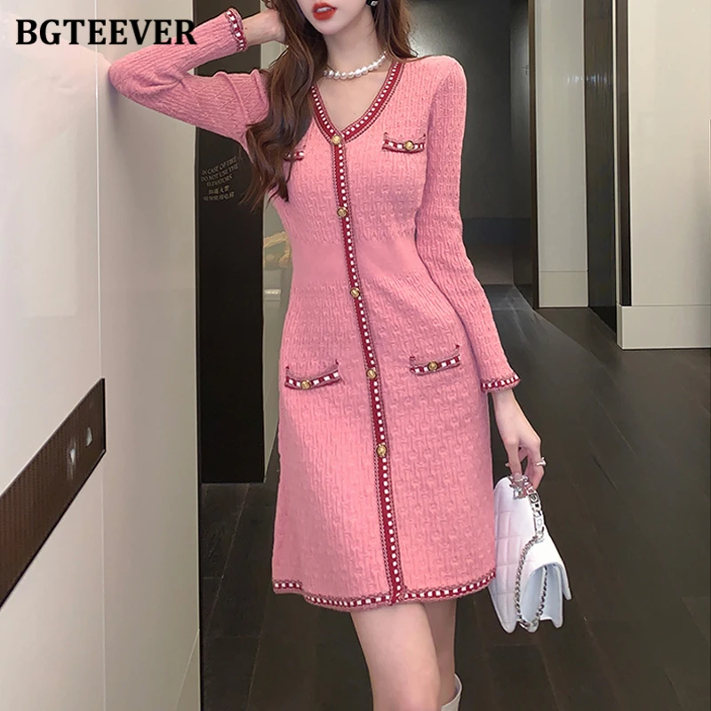 BGTEEVER Stylish Long Sleeve Women Patchwork Bodycon Sweater Dress Elegant Slim V-neck Ladies Single-breasted Knitted Mini Dress
BGTEEVER Stylish Long Sleeve Women Patchwork Bodycon Sweater Dress Elegant Slim V-neck Ladies Single-breasted Knitted Mini Dress