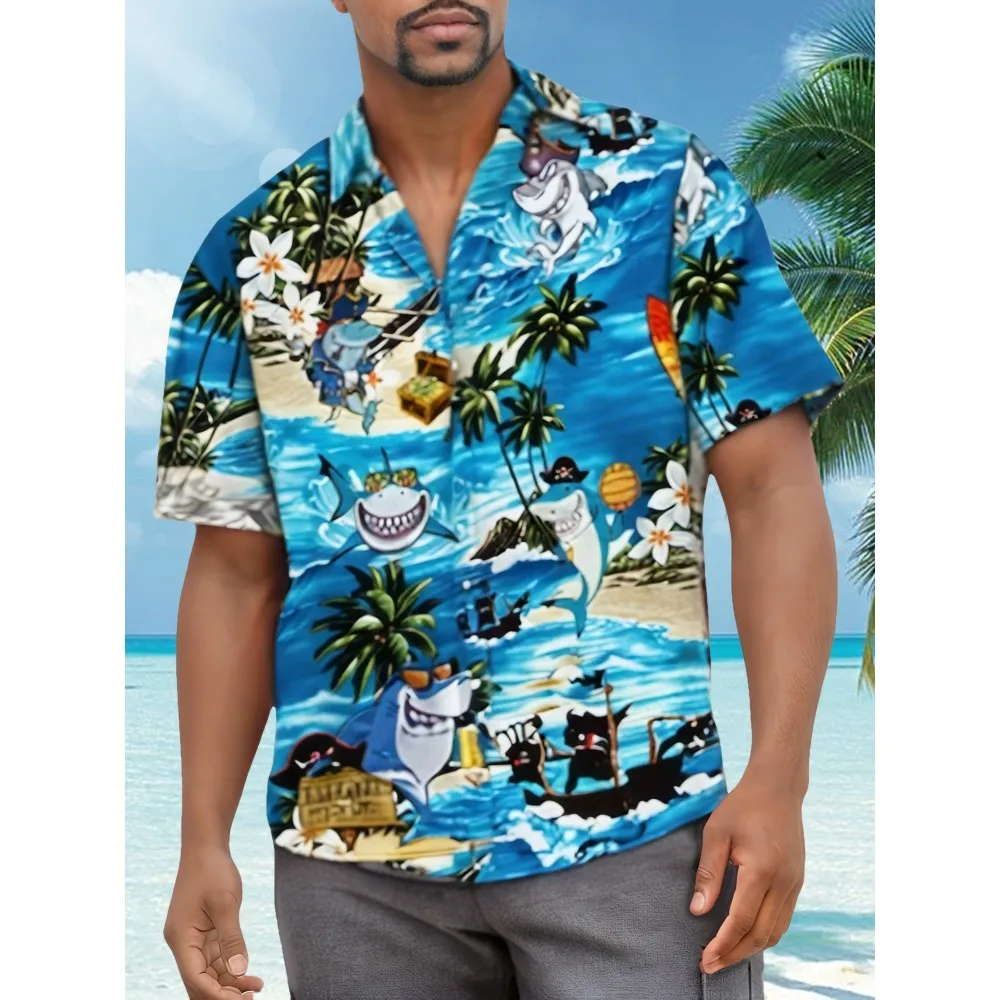 Men's Tropical Hawaiian Shirt - Pirate Shark Island Vacation Cartoon Theme Print Perfect for Summer Vacations and Adventures
Men's Tropical Hawaiian Shirt - Pirate Shark Island Vacation Cartoon Theme Print Perfect for Summer Vacations and Adventures