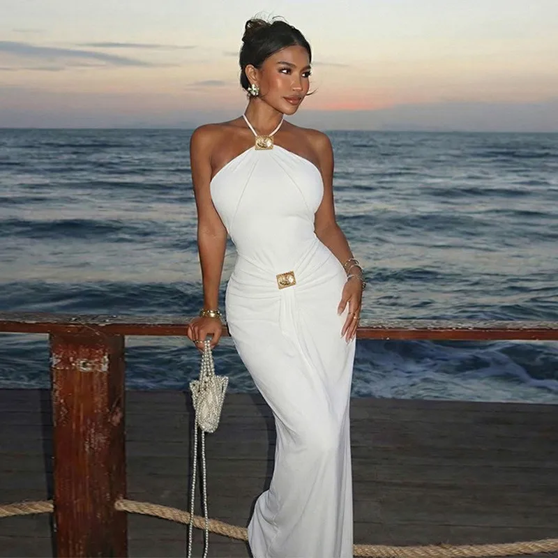 Elegant Party Dress Wedding Guest Long Pencil Dresses Sleeveless Halter Neck Backless Ruched Waist Maxi Dress with Gold Buckle
Elegant Party Dress Wedding Guest Long Pencil Dresses Sleeveless Halter Neck Backless Ruched Waist Maxi Dress with Gold Buckle