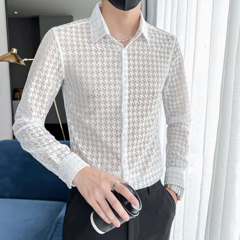Sexy Transparent Mesh Long Sleeved Shirts for Men Fashion Party Night Club Plaid Printed Slim Fit 4XL Mens Dress Shirt Plus Size
Sexy Transparent Mesh Long Sleeved Shirts for Men Fashion Party Night Club Plaid Printed Slim Fit 4XL Mens Dress Shirt Plus Size
