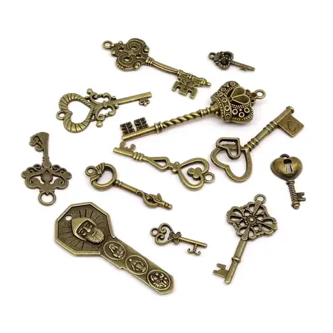 12pcs/set Mix Kit Old Looking Retro Antique Brass Bronze Decorative Vintage Key for Steampunk Charms Pendant Jewelry Making A