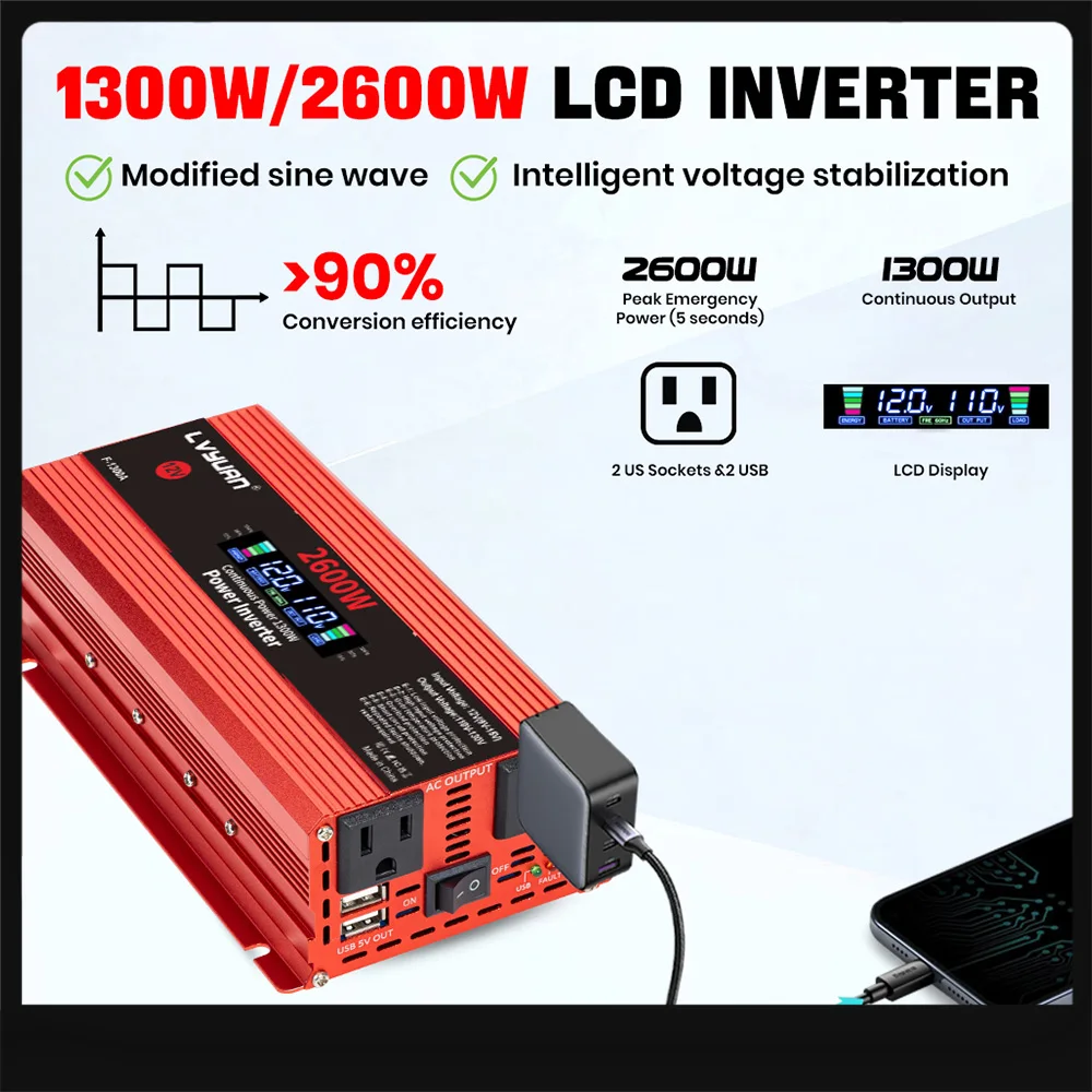 Инвертор Lvyuan 1500W/2000W/2600W, преобразователь напряжения DC 12V в AC 120V 60Hz, 2 розетки US, с ЖК-дисплеем, для авто, дома и автодомов
Инвертор Lvyuan 1500W/2000W/2600W, преобразователь напряжения DC 12V в AC 120V 60Hz, 2 розетки US, с ЖК-дисплеем, для авто, дома и автодомов