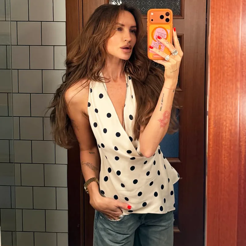 Ticketsx Fashion Satin Halter Top Summer Women's Polka Dot Backless Button Patchwork Top Elegant Vacation Street Female Clothing
Ticketsx Fashion Satin Halter Top Summer Women's Polka Dot Backless Button Patchwork Top Elegant Vacation Street Female Clothing