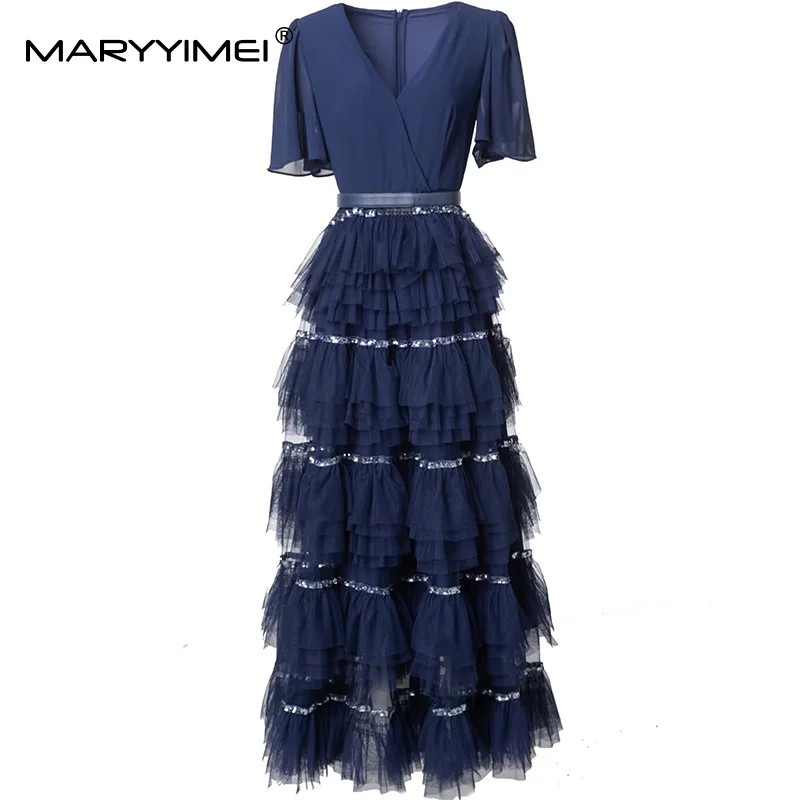 MARYYIMEI Fashion design Women's Evening Dress V-Neck Flare-Sleeved Solid Sequins A-Line Ball Gown Dresses With Belt
MARYYIMEI Fashion design Women's Evening Dress V-Neck Flare-Sleeved Solid Sequins A-Line Ball Gown Dresses With Belt