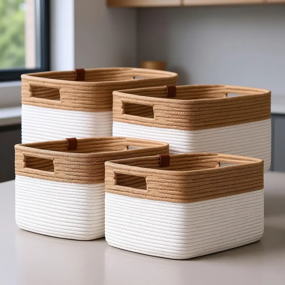 Set of 4 Woven Storage Baskets for Organizing, Toys, and Towels, Cotton Rope Handle, 15x10x9 inches, Jute & White
Set of 4 Woven Storage Baskets for Organizing, Toys, and Towels, Cotton Rope Handle, 15x10x9 inches, Jute & White