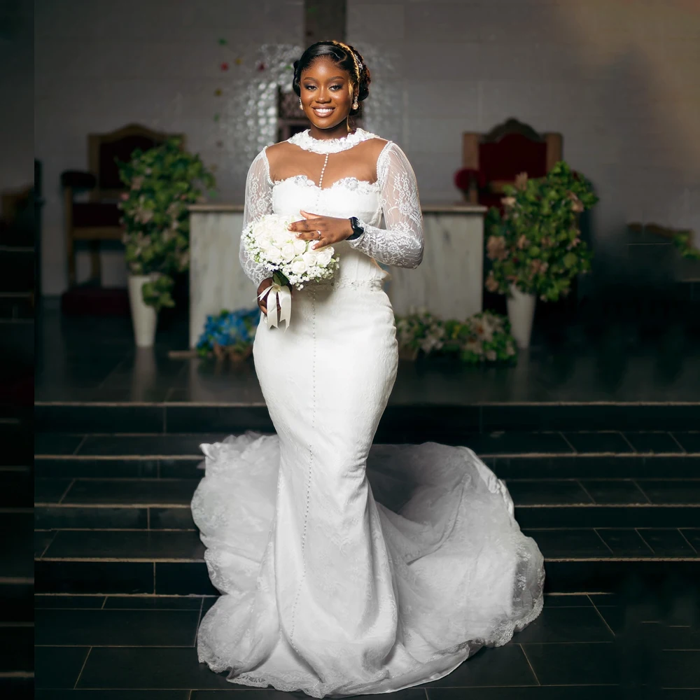 Lace Luxury Wedding Dresses Beaded Applique O-Neck Full Sleeve Bride Gowns African Flowers vestido de novia boda Customized
Lace Luxury Wedding Dresses Beaded Applique O-Neck Full Sleeve Bride Gowns African Flowers vestido de novia boda Customized