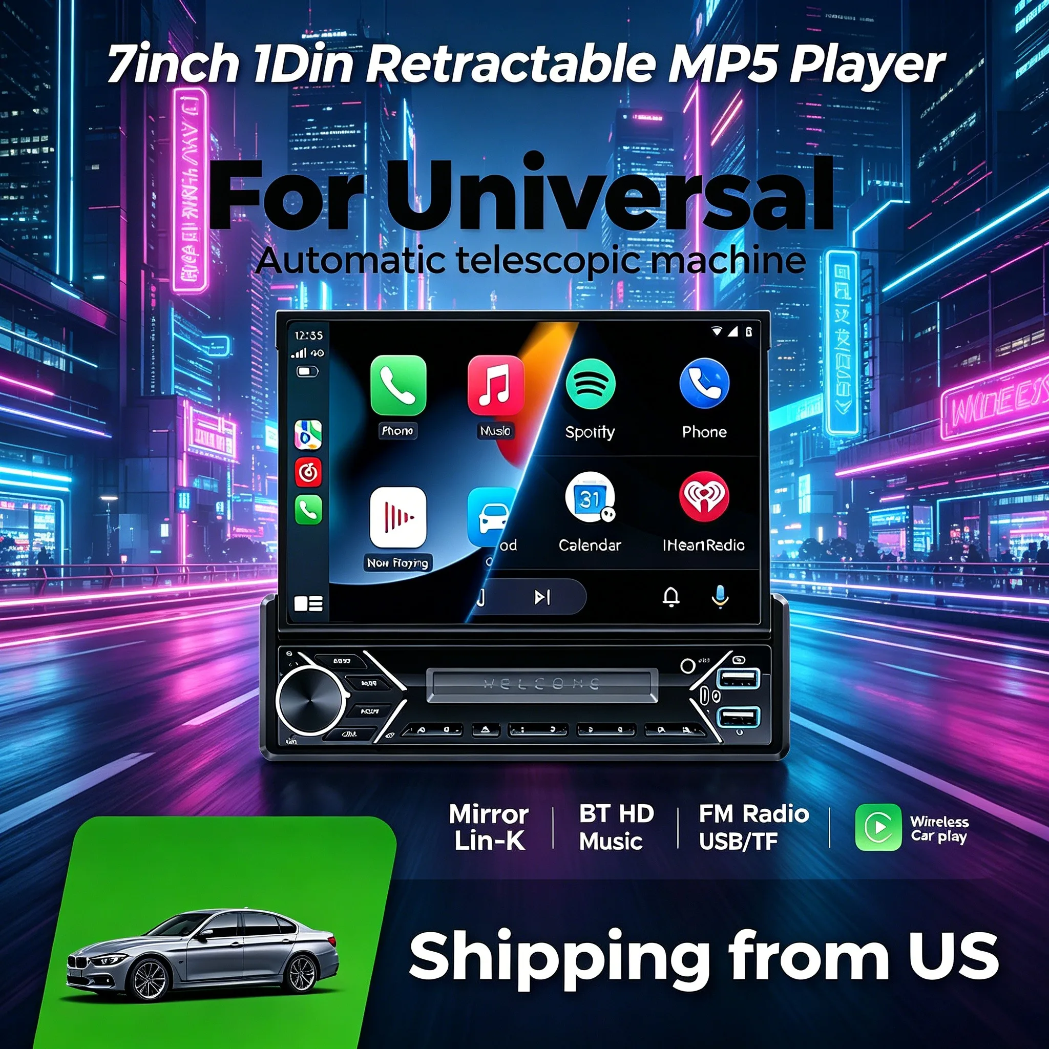MEKEDE 1 Din Universal Car Radio 7 Inch Automatic Retractable Screen Wireless Carplay Android Auto Display Multimedia Smart System Navigation MP5 Support Bluetooth HD Music USB TF AUX Play Steering Wheel Control Back-up Camera Reversing Mirror Link FM BT
MEKEDE 1 Din Universal Car Radio 7 Inch Automatic Retractable Screen Wireless Carplay Android Auto Display Multimedia Smart System Navigation MP5 Support Bluetooth HD Music USB TF AUX Play Steering Wheel Control Back-up Camera Reversing Mirror Link FM BT