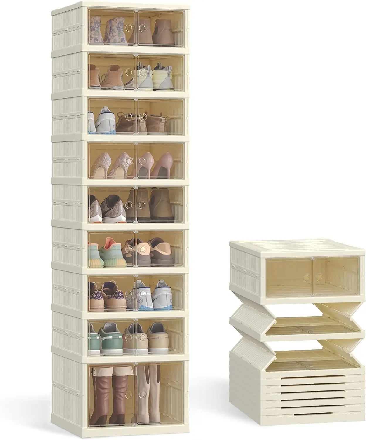 Foldable Shoe Storage Organizer, 9-Tier for 18 Pairs, Stackable Sneaker Cabinet with Magnetic Door, Large Plastic Container Bins for Closet, Entryway, Cream White
Foldable Shoe Storage Organizer, 9-Tier for 18 Pairs, Stackable Sneaker Cabinet with Magnetic Door, Large Plastic Container Bins for Closet, Entryway, Cream White