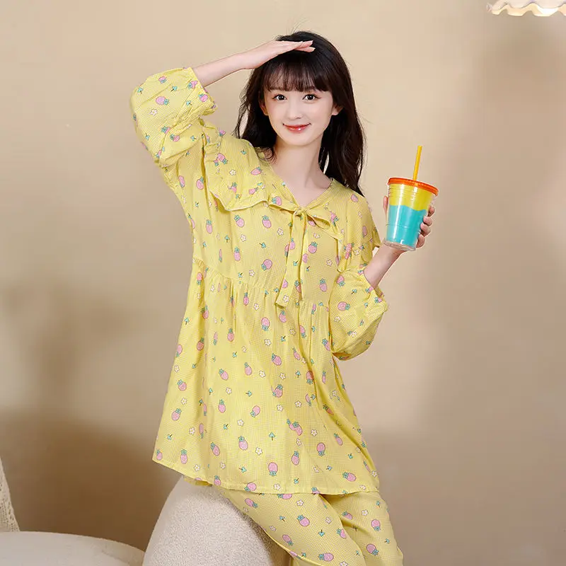Women Summer Large Size Long Sleeve Trousers Thin Two Sets New Style Loose Sleepwear Sexy Home Wear Ladies Cotton Silk Pajamas
Women Summer Large Size Long Sleeve Trousers Thin Two Sets New Style Loose Sleepwear Sexy Home Wear Ladies Cotton Silk Pajamas