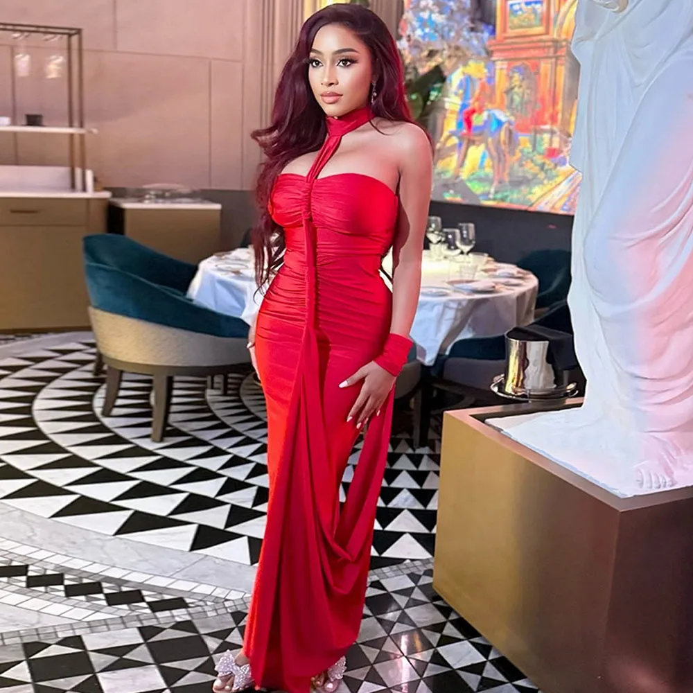 Sexy Halter Ruched Red Maxi Dress Women Elegant Satin Bodycon Evening Party Gown Prom Wedding Guests Clubwear Cocktail Formal
Sexy Halter Ruched Red Maxi Dress Women Elegant Satin Bodycon Evening Party Gown Prom Wedding Guests Clubwear Cocktail Formal