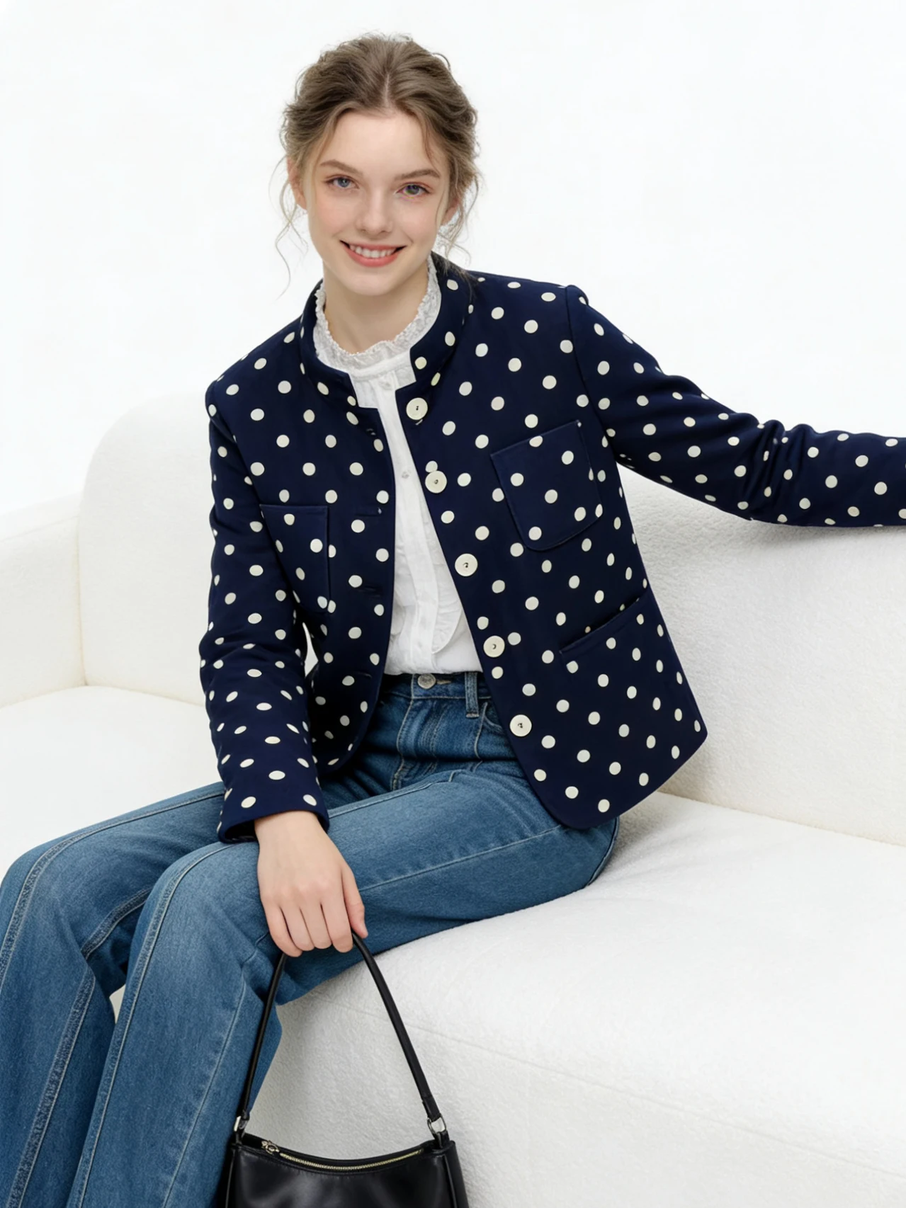 Spring Thin Deep Blue Polka Dot Slim Fit Waist Cinched Velvet Commute Jacket Short Stand Collar Small Outerwear Coat
Spring Thin Deep Blue Polka Dot Slim Fit Waist Cinched Velvet Commute Jacket Short Stand Collar Small Outerwear Coat