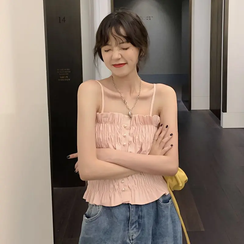 Femme Summer Fashion Sexy Buttons Solid Color Camisole Women Clothes Fashionable Hottie Pleated Sleeveless Shirring Sling Top Te
Femme Summer Fashion Sexy Buttons Solid Color Camisole Women Clothes Fashionable Hottie Pleated Sleeveless Shirring Sling Top Te
