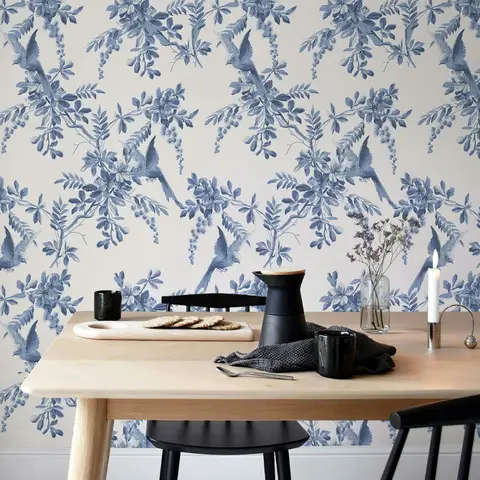 Blue Bird Floral Self-Adhesive Wallpaper Modern Flower PVC Waterproof Wallpapers Peel and Stick Wall Stickers Home Decoration