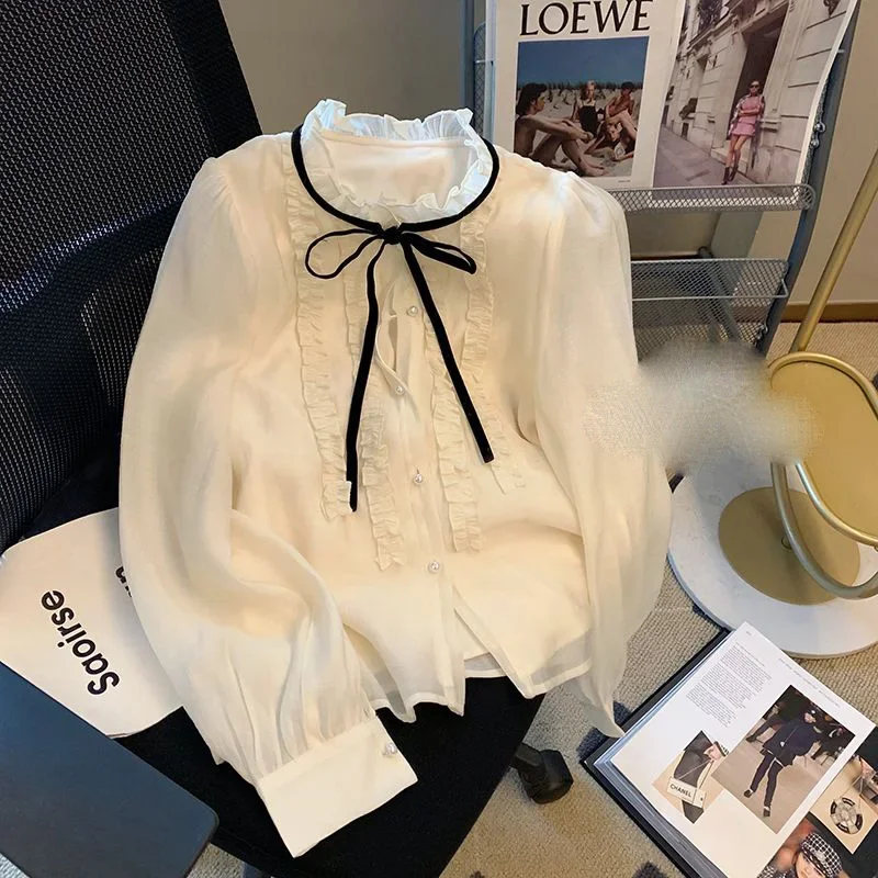 French Style Fashion Lace-up Ruffle Edge Chiffon Shirt Spring Autumn New Casual Loose Sweet Chic Tops Fashion Clothes for Women
French Style Fashion Lace-up Ruffle Edge Chiffon Shirt Spring Autumn New Casual Loose Sweet Chic Tops Fashion Clothes for Women