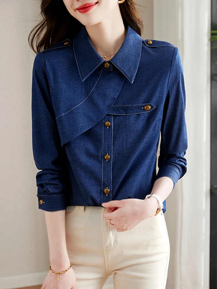 Spring Faion Pure Color Denim Long Sve irt Women's Collar Asymmetric Korean Sle Straight Cut Button up Top
Spring Faion Pure Color Denim Long Sve irt Women's Collar Asymmetric Korean Sle Straight Cut Button up Top