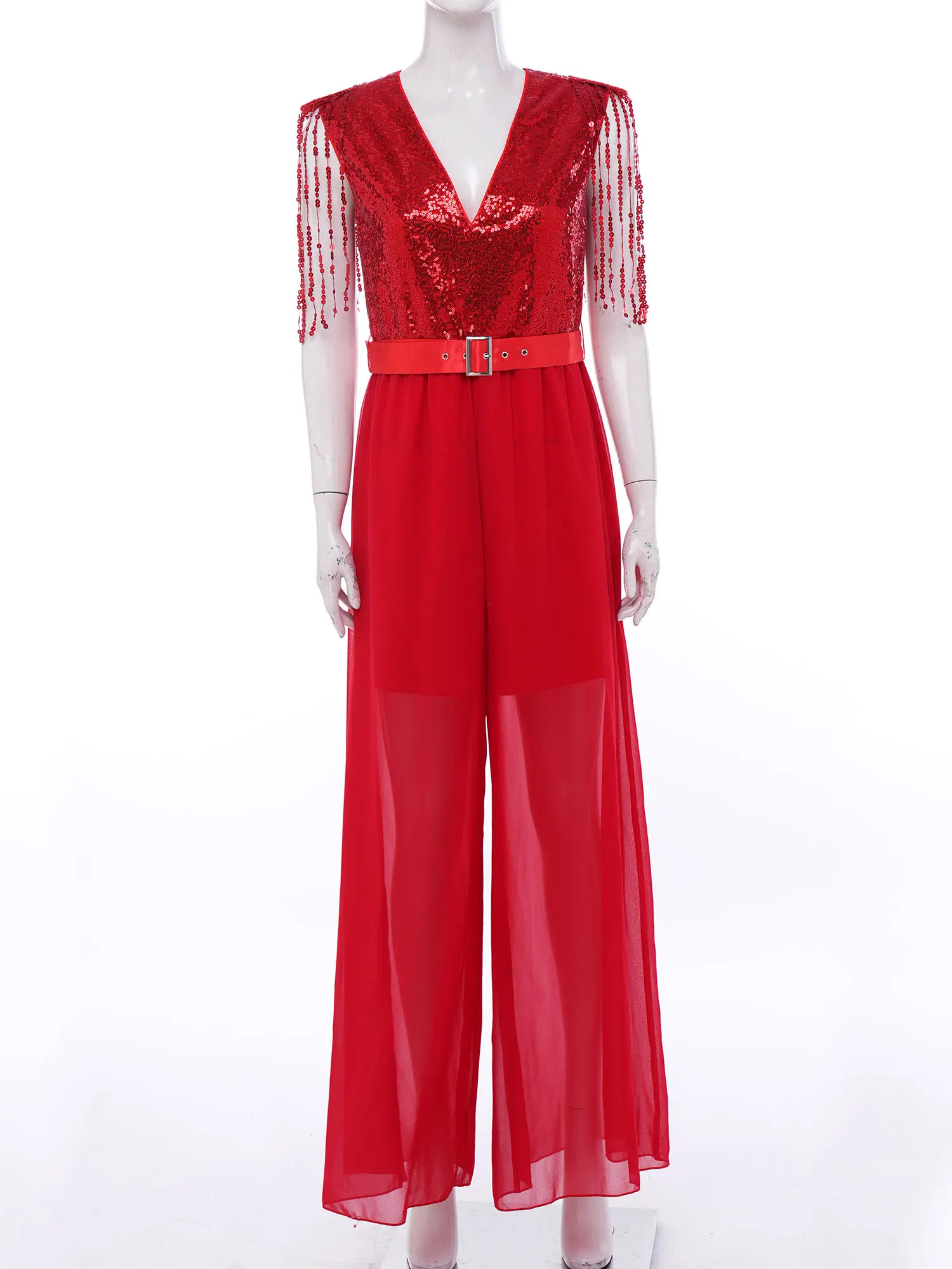 Women Sparkly Sequins Tassel Jumpsuit Deep V Neck Flowy Wide Leg Bottoms Stretchy Breathable for Prom Party Dance Performance
Women Sparkly Sequins Tassel Jumpsuit Deep V Neck Flowy Wide Leg Bottoms Stretchy Breathable for Prom Party Dance Performance