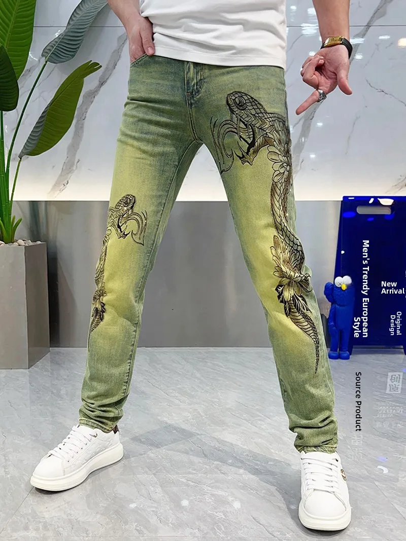 Faionable Snake Year Heavy Du Rhinestone Waed Slim Fit Thin Denim Jeans for Men Vintage Print Casual Long Pants
Faionable Snake Year Heavy Du Rhinestone Waed Slim Fit Thin Denim Jeans for Men Vintage Print Casual Long Pants