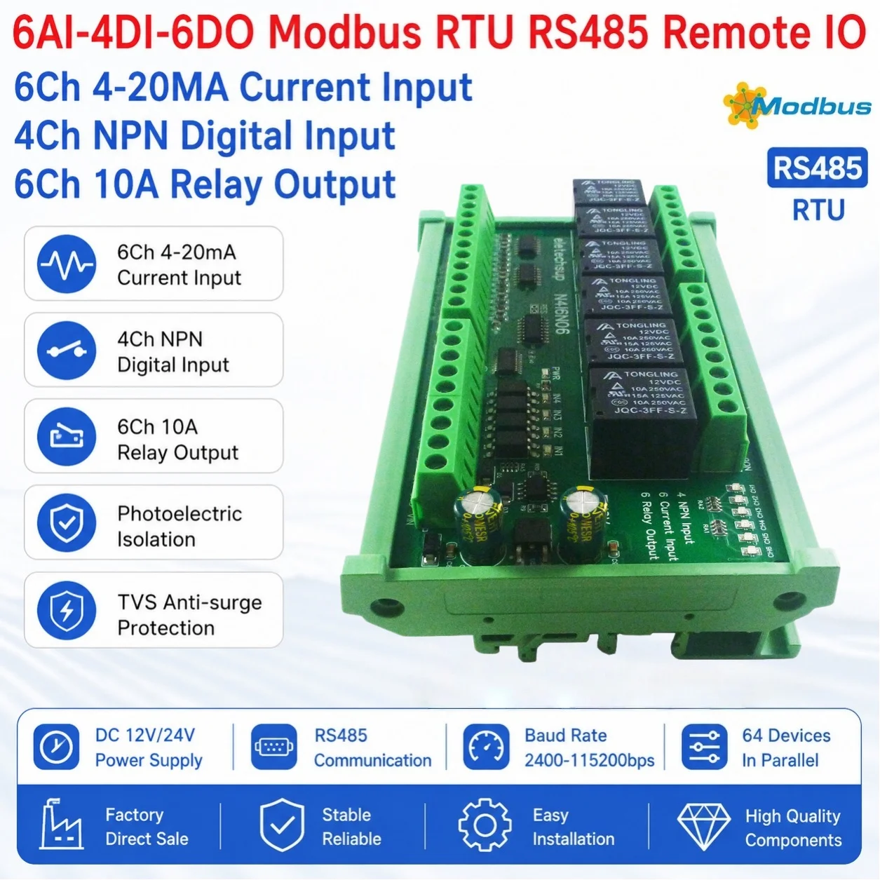 DC 12V 24V 6AI 4DI 6DO RS485 Modbus RTU Remote IO Module 0/4-20MA Analog NPN Digital Input 10A Relay Board for Motor LED N4I6N06
DC 12V 24V 6AI 4DI 6DO RS485 Modbus RTU Remote IO Module 0/4-20MA Analog NPN Digital Input 10A Relay Board for Motor LED N4I6N06
