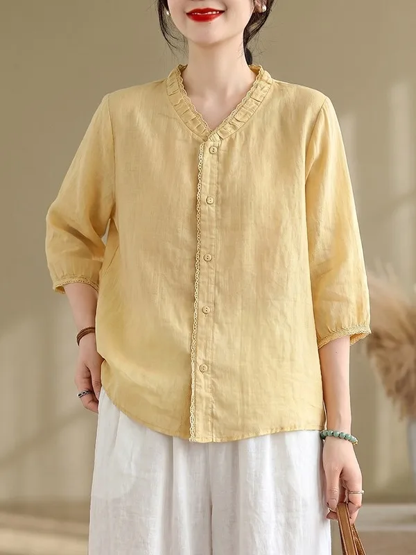 Retro Artistic Pure Color Splicing Lace Shirt Loose Casual Versatile mid Sleeve Button Stand Collar Top for plus Size Women
Retro Artistic Pure Color Splicing Lace Shirt Loose Casual Versatile mid Sleeve Button Stand Collar Top for plus Size Women