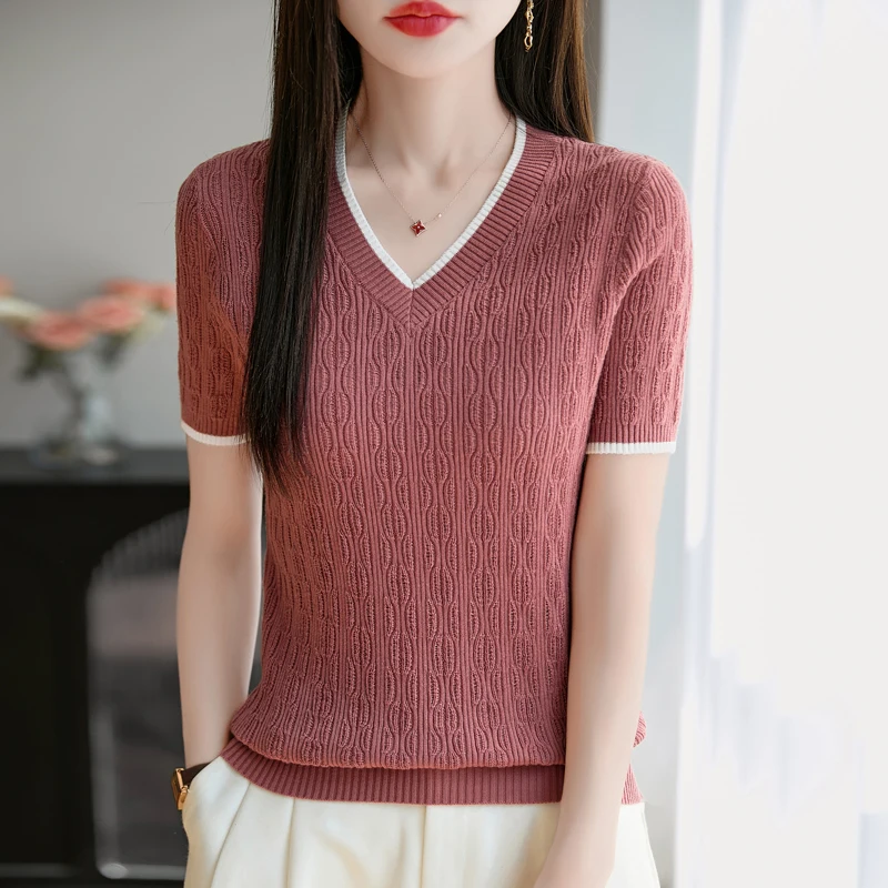 Women's T-shirt Summer New 100% Pure Cotton Tees Casual Solid Knitted Short sleeved V-neck Pullover Loose Tops Fashion Sweater
Women's T-shirt Summer New 100% Pure Cotton Tees Casual Solid Knitted Short sleeved V-neck Pullover Loose Tops Fashion Sweater