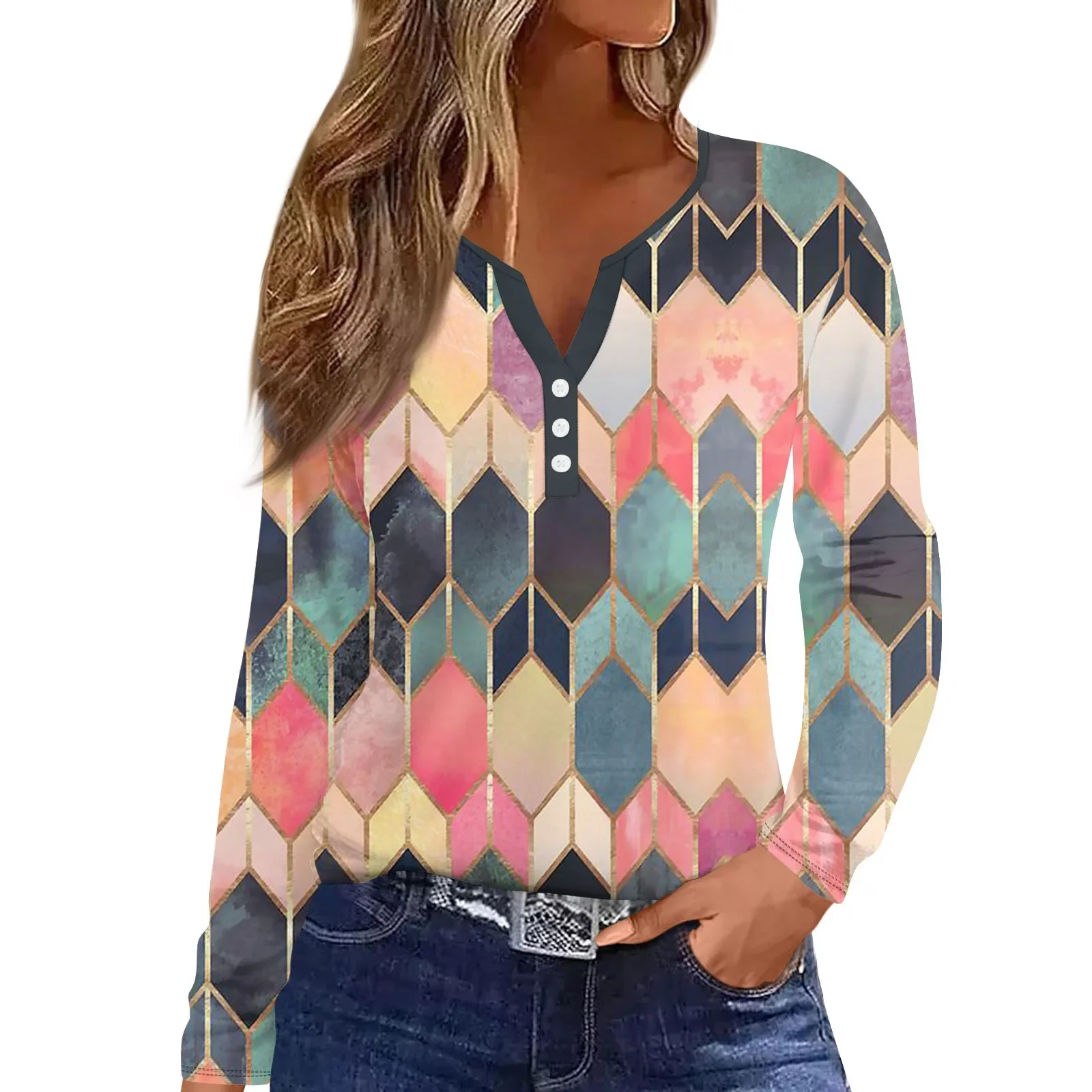 2024 New Women's Fashion Casual Printed V-Neck Long Sleeve Decorative Button T-Shirt Top Fashionable women's shirt designs
2024 New Women's Fashion Casual Printed V-Neck Long Sleeve Decorative Button T-Shirt Top Fashionable women's shirt designs