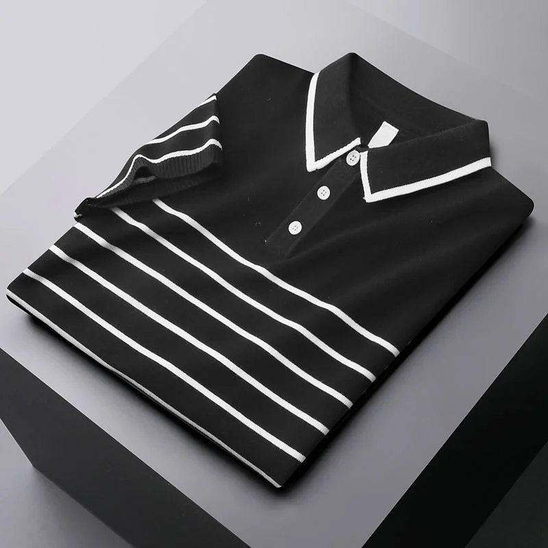 knitting High grade striped ice silk short sleeved polo shirt summer Lapel T-shirt business casual trend men's wear
knitting High grade striped ice silk short sleeved polo shirt summer Lapel T-shirt business casual trend men's wear