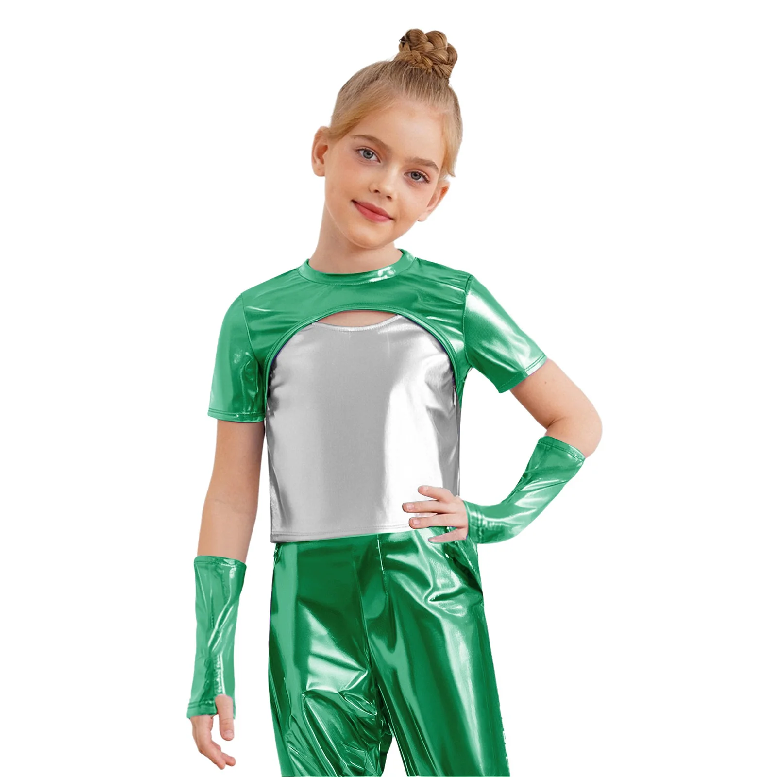 Children Girl Hip-Hop Jazz Dance Crop Tops Short Sleeve Cutout Front Color Block Metallic T-shirt with Gloves Halloween Dress Up
Children Girl Hip-Hop Jazz Dance Crop Tops Short Sleeve Cutout Front Color Block Metallic T-shirt with Gloves Halloween Dress Up