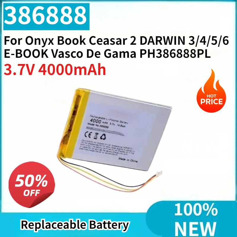 386888 3.7V 4000mAh Polymer Li-ion Battery with 3Wires For Onyx Book Ceasar 2 DARWIN 3/4/5/6 E-BOOK Vasco De Gama PH386888PL
386888 3.7V 4000mAh Polymer Li-ion Battery with 3Wires For Onyx Book Ceasar 2 DARWIN 3/4/5/6 E-BOOK Vasco De Gama PH386888PL