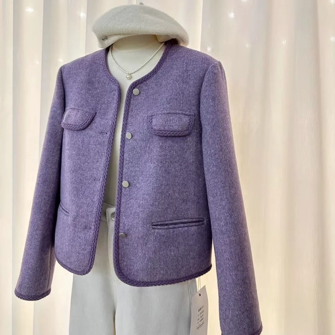 Purple Woolen Tweed Jacket Women's Winter Fashion High Waist Korean Style Long Sleeve round Neck Single Button Closure Coat
Purple Woolen Tweed Jacket Women's Winter Fashion High Waist Korean Style Long Sleeve round Neck Single Button Closure Coat