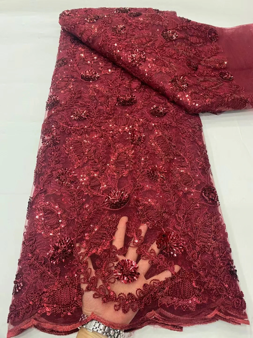 NDPN270 Wine color African net lace fabric with sequins,good quality embroidered French tulle lace for party & wedding dress
NDPN270 Wine color African net lace fabric with sequins,good quality embroidered French tulle lace for party & wedding dress