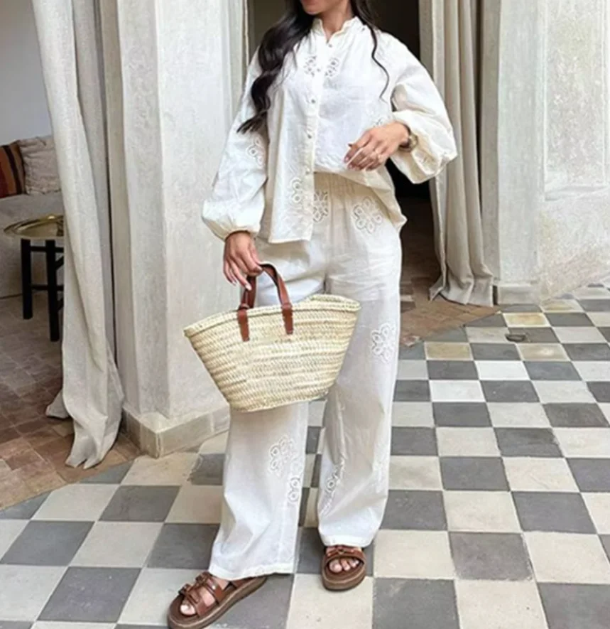 New Summer Fashion Casual Long Sleeve O-neck Single Breasted Hollow Out Lace Solid Color Slim Fit Shirt + Elastic Waist Wide Leg
New Summer Fashion Casual Long Sleeve O-neck Single Breasted Hollow Out Lace Solid Color Slim Fit Shirt + Elastic Waist Wide Leg