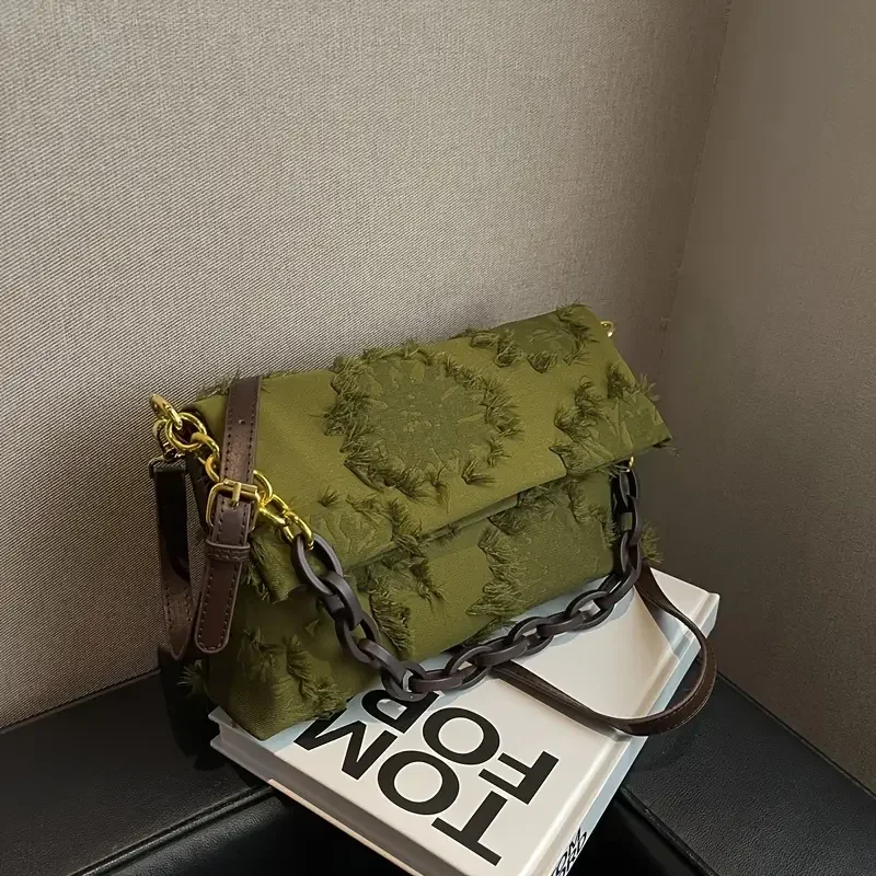 Embroidered Canvas Square Bag, Chain Handle Flap Shoulder Bag With Removable Strap For Work
Embroidered Canvas Square Bag, Chain Handle Flap Shoulder Bag With Removable Strap For Work