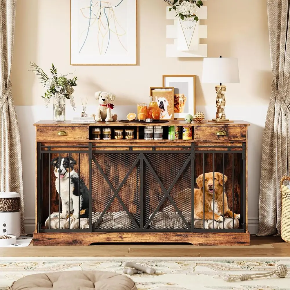 Large 63 Wooden Dog Crate, Heavy-Duty Indoor Kennel with Removable Divider, 2 Doors, Rustic Style, Open Shelves & TV Stand for 2
Large 63 Wooden Dog Crate, Heavy-Duty Indoor Kennel with Removable Divider, 2 Doors, Rustic Style, Open Shelves & TV Stand for 2
