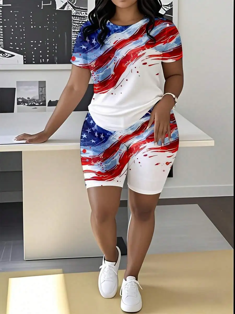 Women Short Sleeve Shorts Set American Flag Print Casual Outfit
Women Short Sleeve Shorts Set American Flag Print Casual Outfit