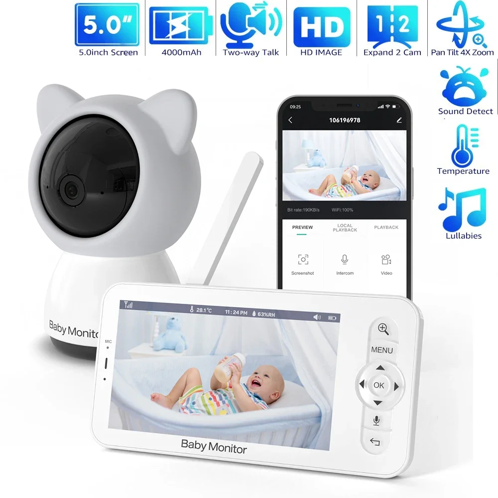 5 Inch WiFi Baby Monitor 1080P Pan Tilt Zoom Baby Camera Via Screen and App Control 2K HD Night Vision 2-Way Talk Baby Phone
5 Inch WiFi Baby Monitor 1080P Pan Tilt Zoom Baby Camera Via Screen and App Control 2K HD Night Vision 2-Way Talk Baby Phone
