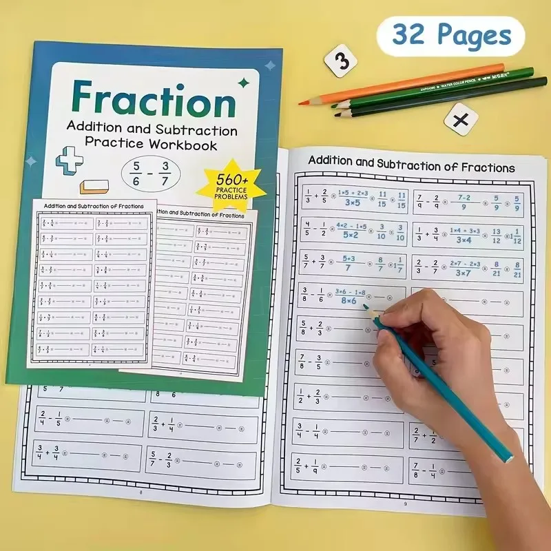 Training on Basic Fraction Addition and Subtraction Practice Problems Guided Step-by-Step, Grades 3-5 Maths Practice Materials
