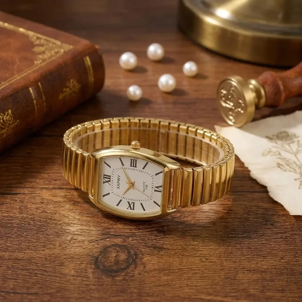 Vintage Barrel Shape Women Quartz Wrist Watch Stretch Elastic Gold Metal Bracelet Watch Roman Numeral Dial Minimal Elegant Waterproof Ladies Dress Watch For Work Dating Holiday Gift
Vintage Barrel Shape Women Quartz Wrist Watch Stretch Elastic Gold Metal Bracelet Watch Roman Numeral Dial Minimal Elegant Waterproof Ladies Dress Watch For Work Dating Holiday Gift