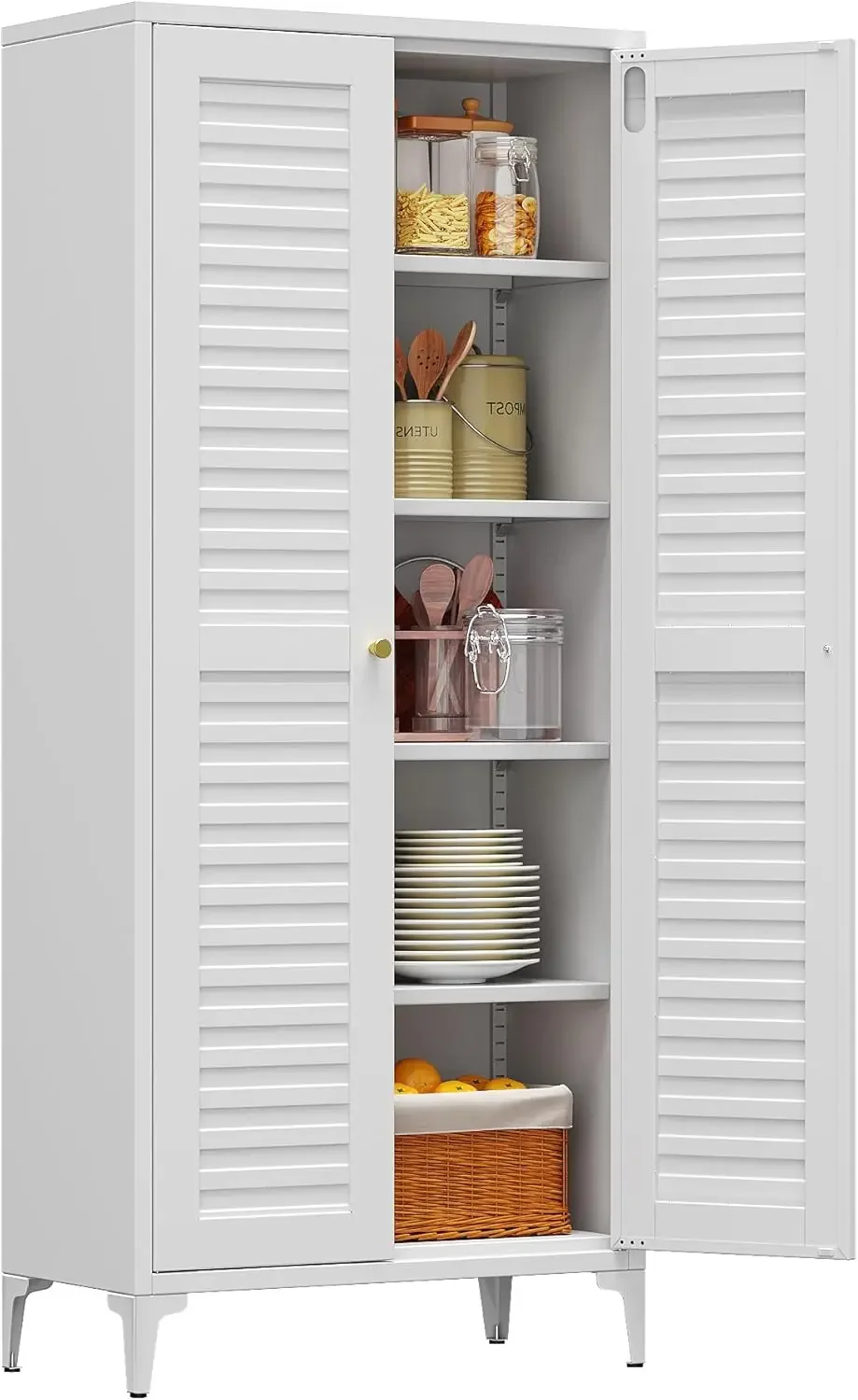 White Metal Pantry Cabinet 2 Doors 4 Shelves Required Assembly Kitchen Living Room
White Metal Pantry Cabinet 2 Doors 4 Shelves Required Assembly Kitchen Living Room