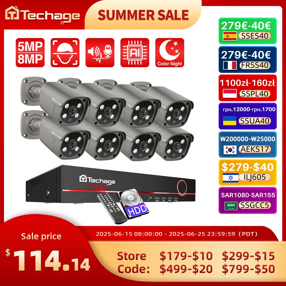 Techage 8CH 5MP 8MP Система камер безопасности 4K HD POE Комплект IP-камеры Двустороннее аудио Обнаружение лица Металлическое наружное видеонаблюдение
Techage 8CH 5MP 8MP Система камер безопасности 4K HD POE Комплект IP-камеры Двустороннее аудио Обнаружение лица Металлическое наружное видеонаблюдение